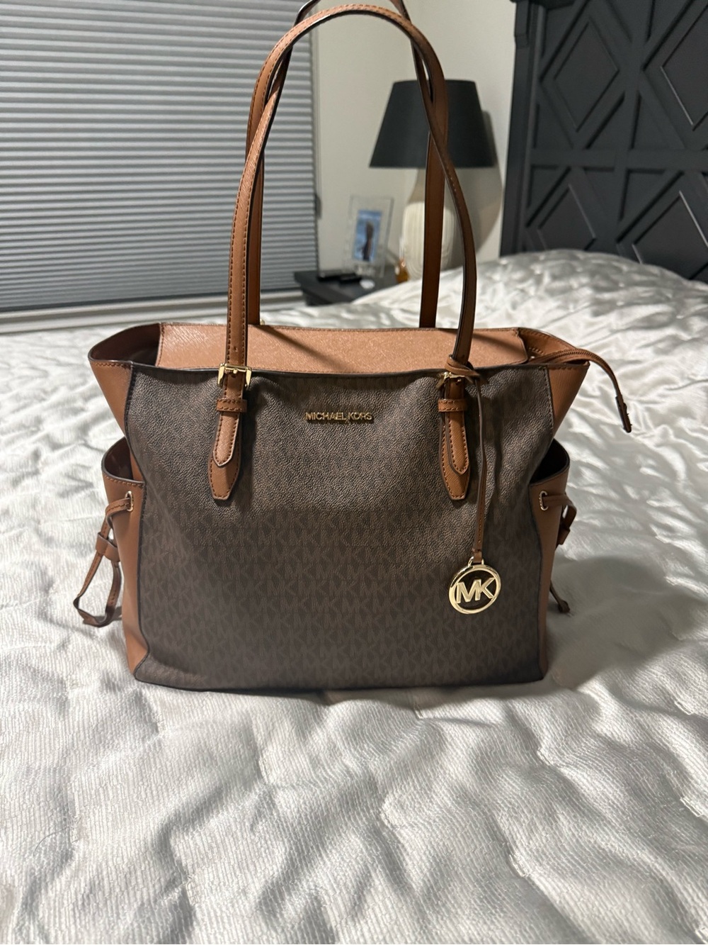 Michael Kors Brown and Tan Signature Logo Tote with Gold Charm